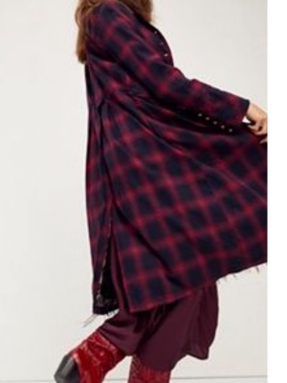 Free People Black and Red Plaid Maxi Coat Dress with Leopard Trim - Picture 7 of 7